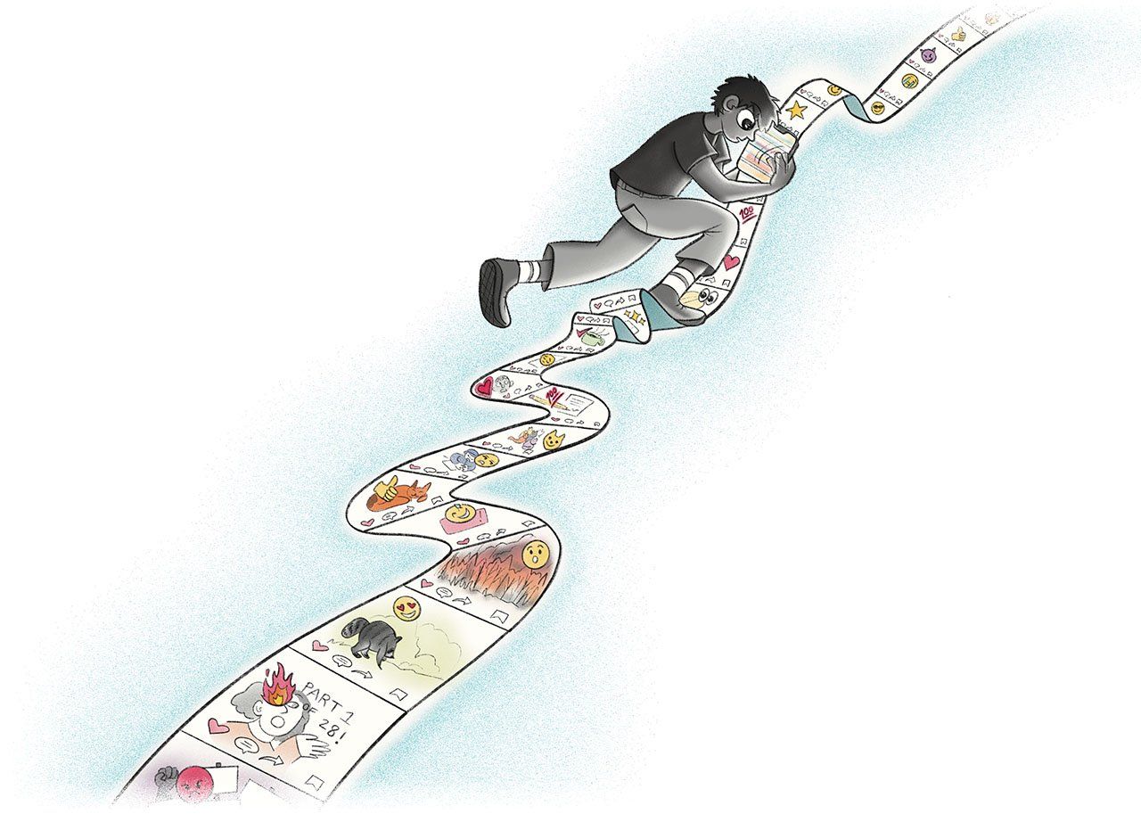 Illustration of a young person looking at a smartphone and running on a scroll that is made up of social media images.