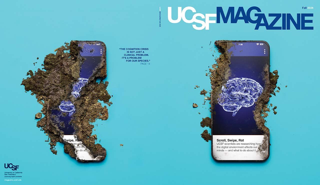 A smartphone, partially decaying and turning to soil, is displayed against a blue background. The screen shows a glowing brain graphic with the text: "Scroll, Swipe, Rot: UCSF scientists are researching how the digital environment affects our minds -- and what to do about it."