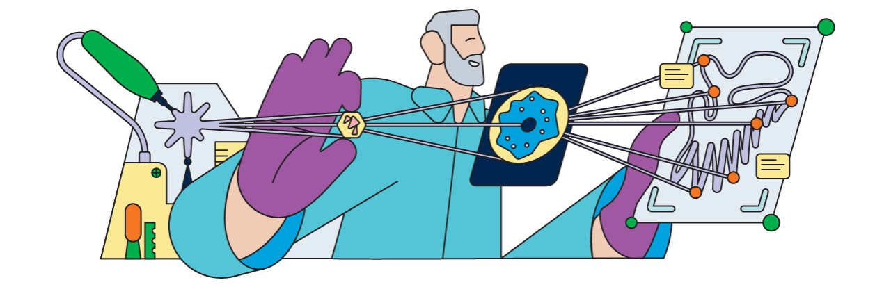 A colorful, flat illustration of a man with grey hair and a beard and purple gloves, holding a device with lasers pointing at a protein structure.