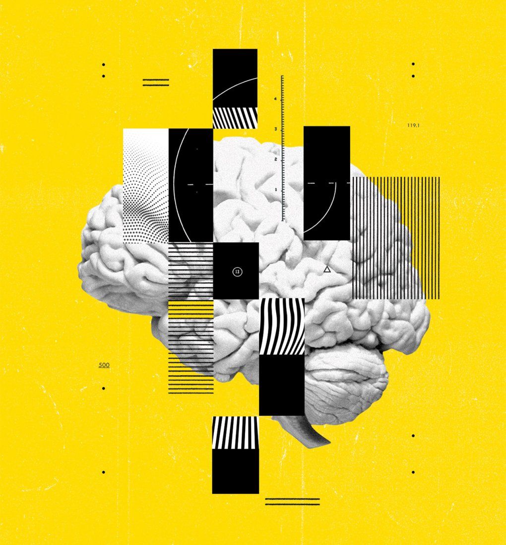 Photo illustration of a human brain on a yellow background with futuristic looking boxes, lines, and glitch-like grid.