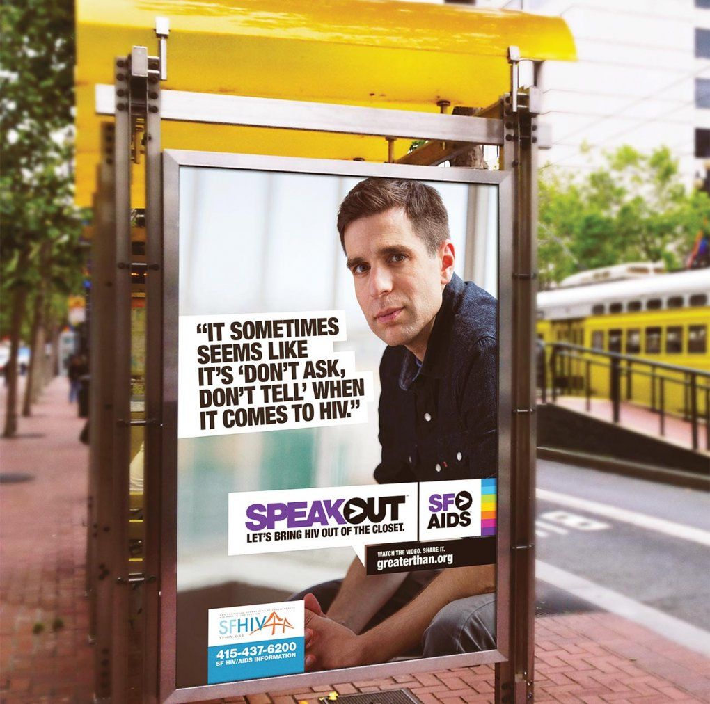 An ad for SF AIDS Speak Out campaign on a San Francisco bus stop with nurse Jonathan Van Nuys. 