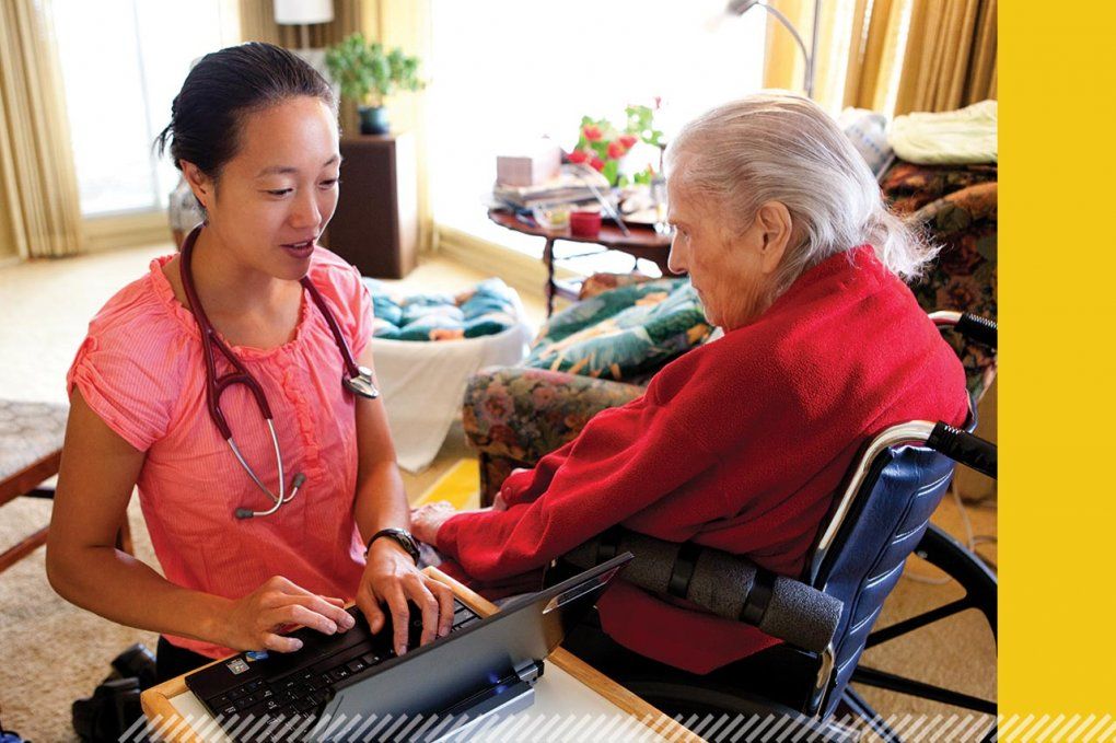 Helen Kao types on a laptop and speaks Hellen Aitel on a housecall.