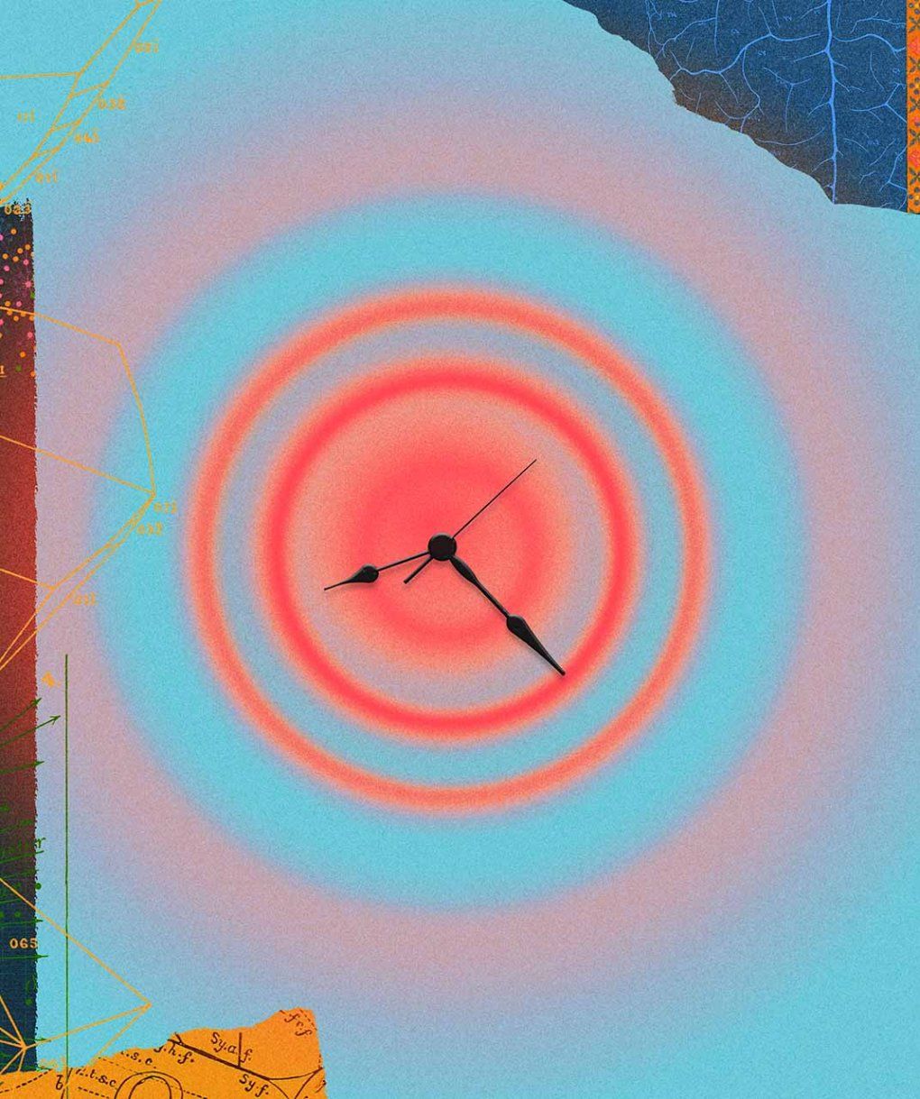 Collage-style illustration of a pulsating red dot with a set of clock hands in the middle.