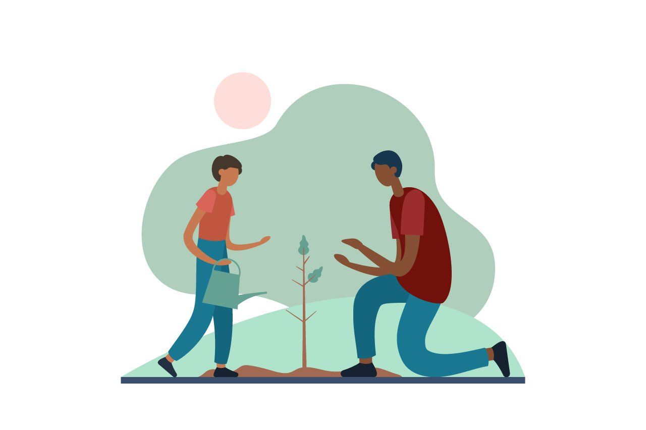 Illustration of father and son planting a tree.