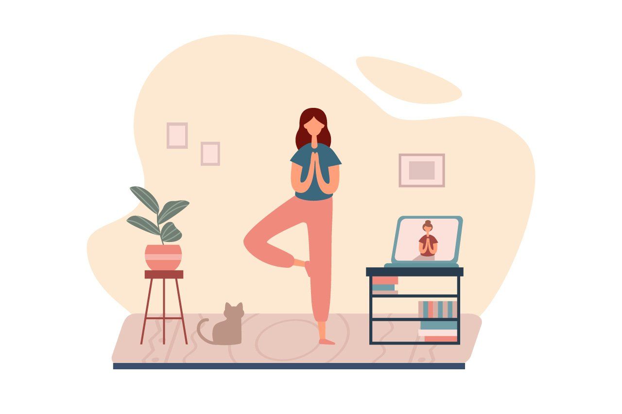 Illustration of woman doing yoga at home.