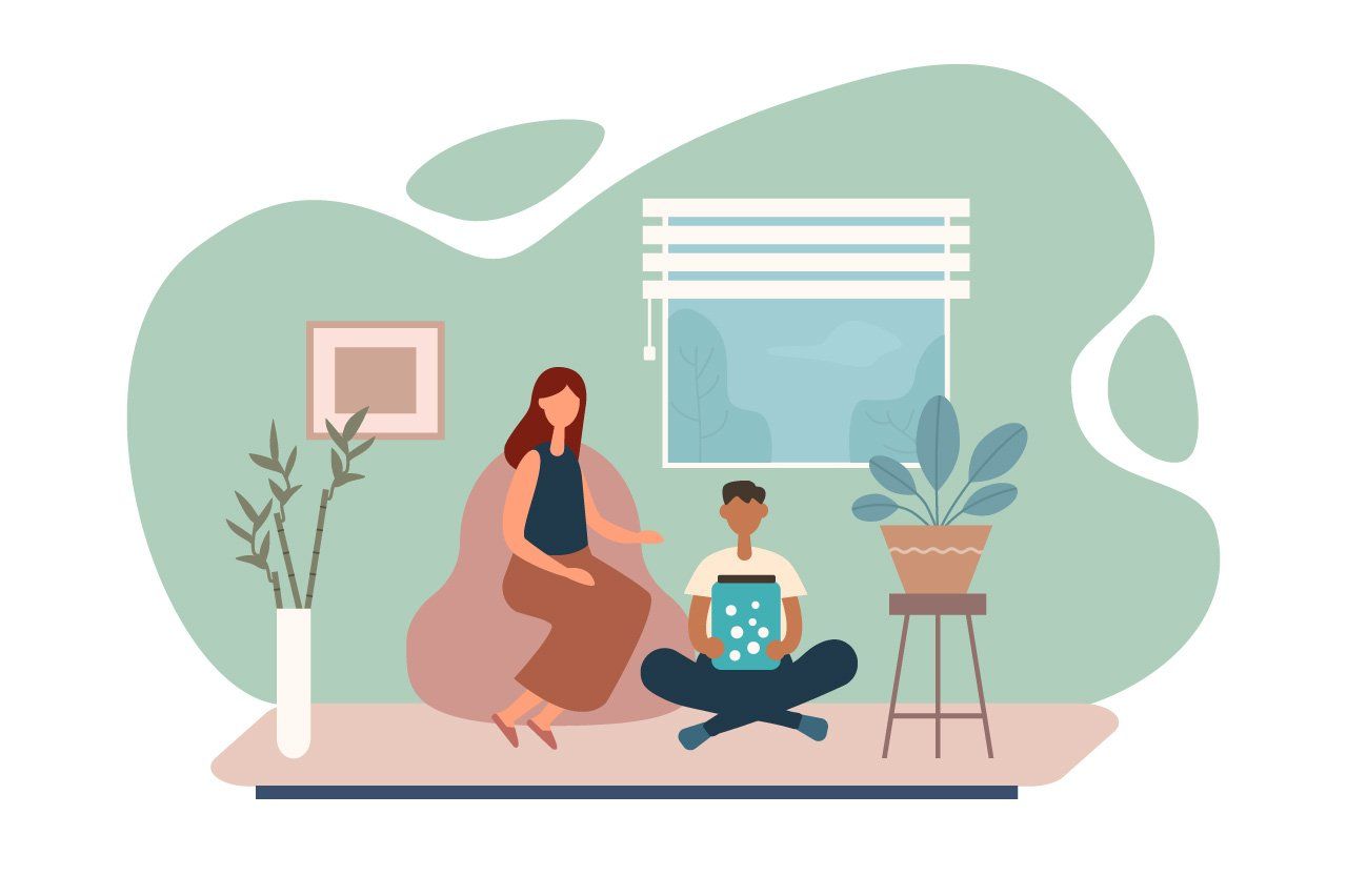 Illustration of mother and son at home; son has a jar with glitter.