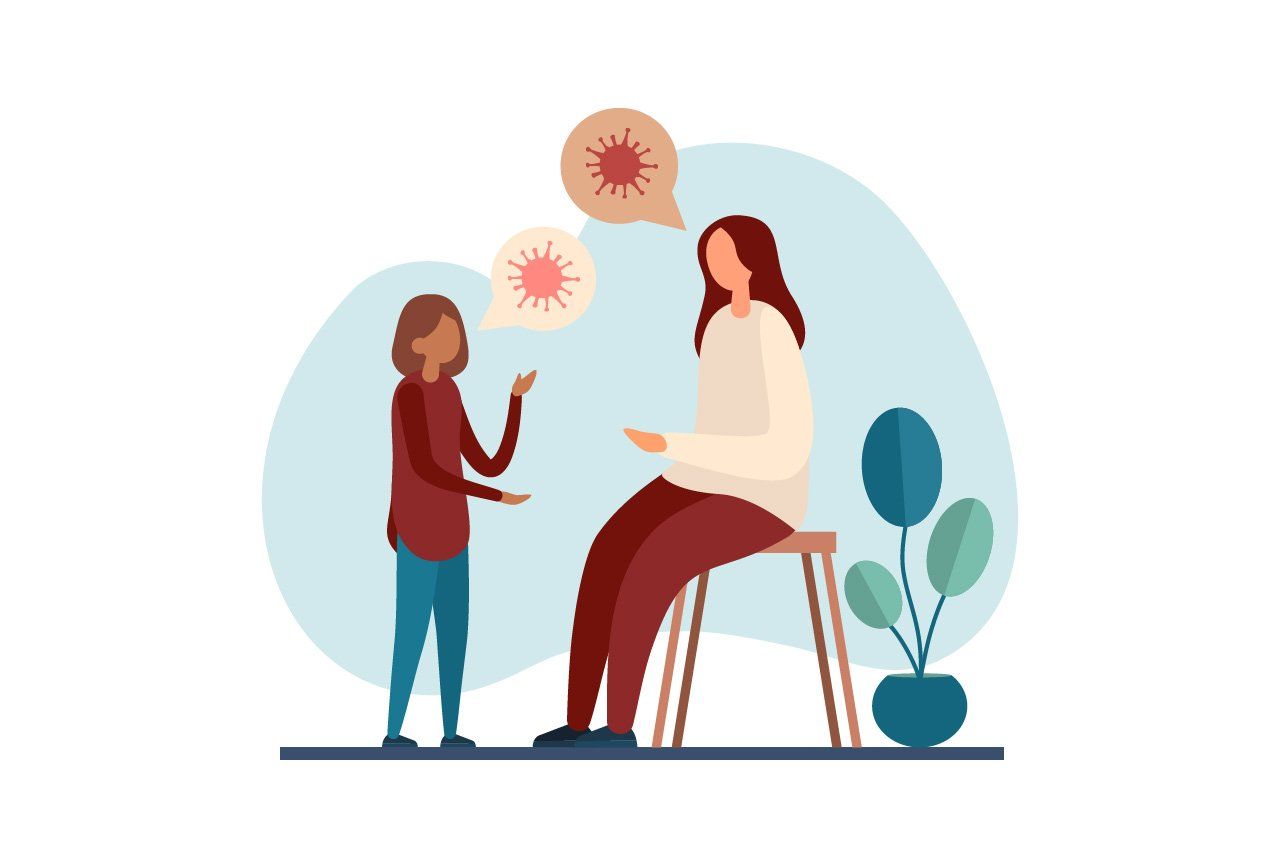 Illustration of mother and daughter discussing coronavirus.