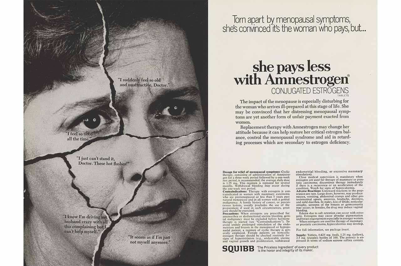 Vintage black-and-white pharmaceutical advertisement showing a close-up of a woman’s face fragmented by jagged cracks, with small quotes describing menopausal symptoms such as fatigue, hot flashes, and emotional distress. Text on the right reads, “She pays less with Amnestrogen,” promoting conjugated estrogen tablets, with detailed explanatory copy below.