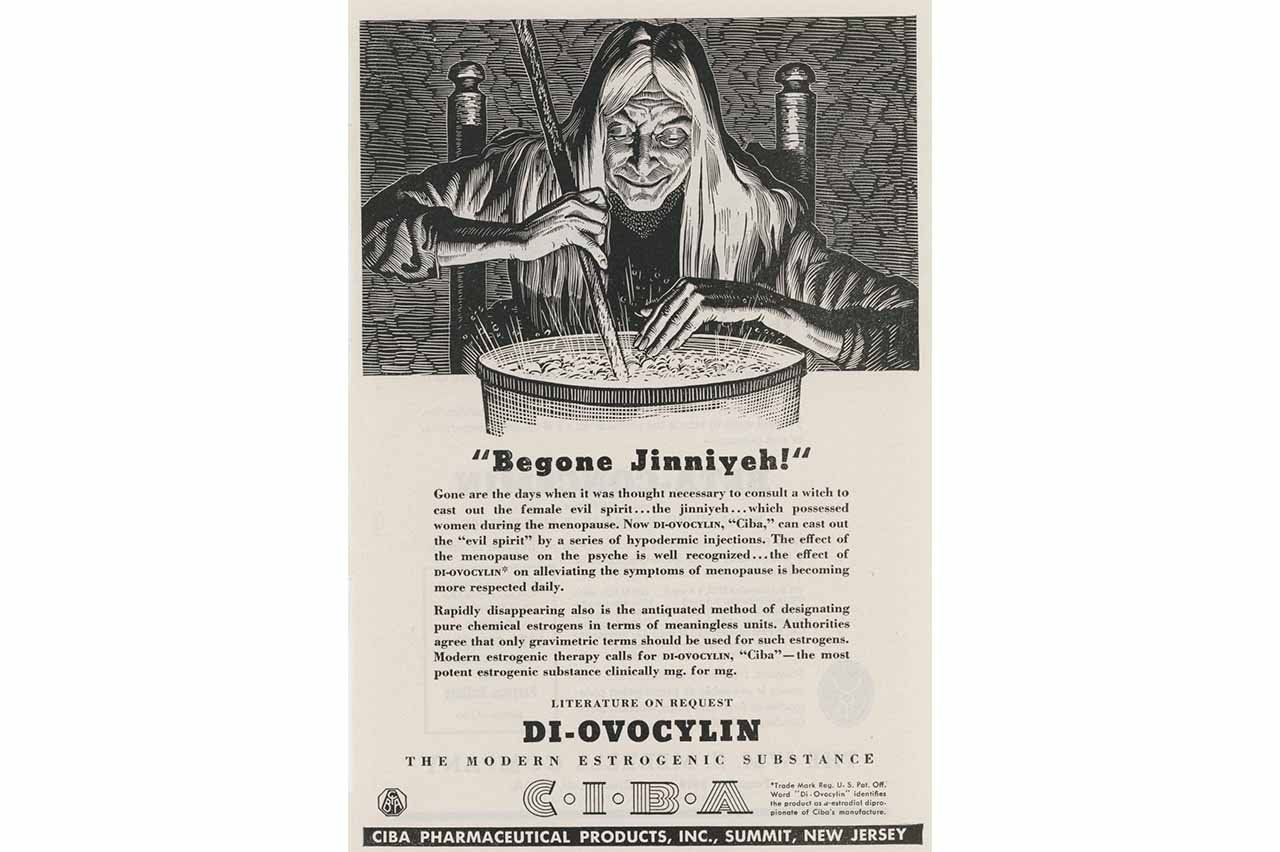 Vintage black-and-white pharmaceutical advertisement depicting an elderly, witch-like figure stirring a cauldron, evoking superstition. Headline reads “Begone Jinniyeh!” with text contrasting old beliefs about menopause with modern estrogen therapy. The ad promotes Di-Ovocylin, an estrogenic drug by Ciba Pharmaceutical Products.