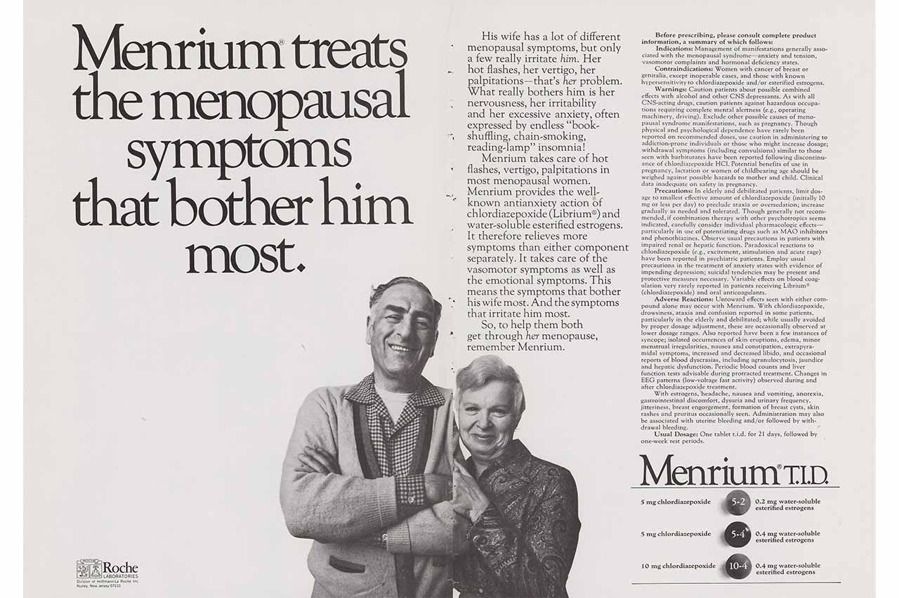 A black-and-white vintage ad for Menrium showing a smiling older couple. The headline reads, “Menrium treats the menopausal symptoms that bother him most.” Dense medical text and dosage information appear on the right, with Roche Laboratories branding at the bottom.