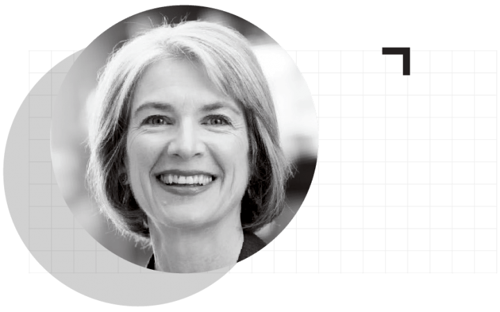 Portrait of Jennifer Doudna in a circle with grid pattern.