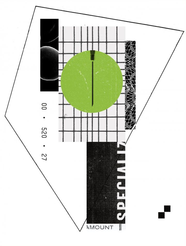 Conceptual photo illustration of a hypodermic needle, cells images, grid, and lines.