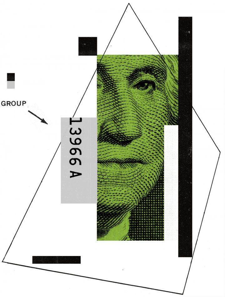 Conceptual photo illustration with cut-out of George Washington on the dollar bill, lines, numbers, and boxes.