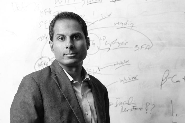Portrait of Suneil Koliwad in front of a white board with writing.