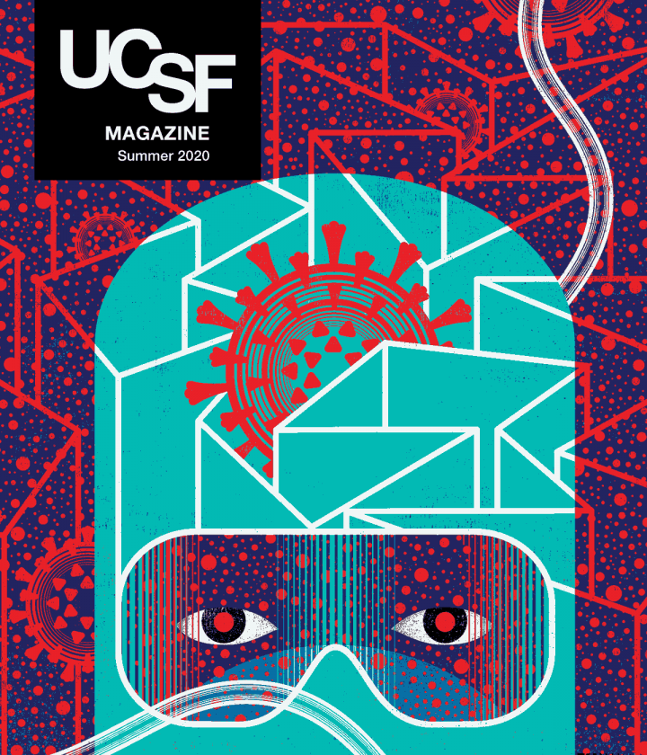 Cover of UCSF Magazine: Summer 2020. Illustration of health care worker in PPE covering head and face, with only the eyes seen through goggles; a coronavirus symbol is in the middle of the head covering; a labyrinth surrounds the person with coronavirus symbols.