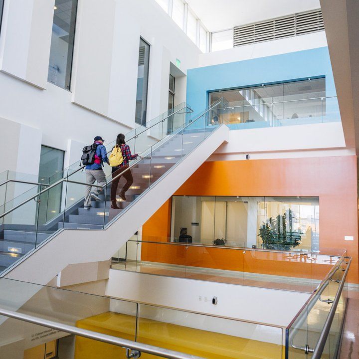 Two UCSFers walk up the colorful sunlit staircase in the Helen Diller Family Cancer Research Building