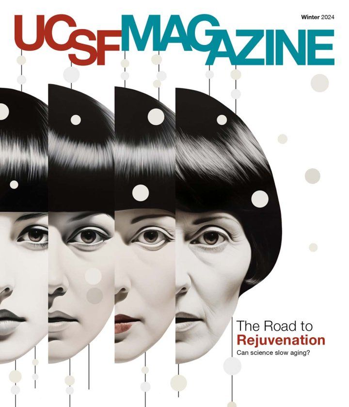 Cover of UCSF Magazine: top reads “UCSF Magazine, Winter 2024”. Text below reads “The Road to Rejuvenation: Can science slow aging?” Illustration shows strips of a woman's face. From left to right, each strip shows that the woman has visibly aged.
