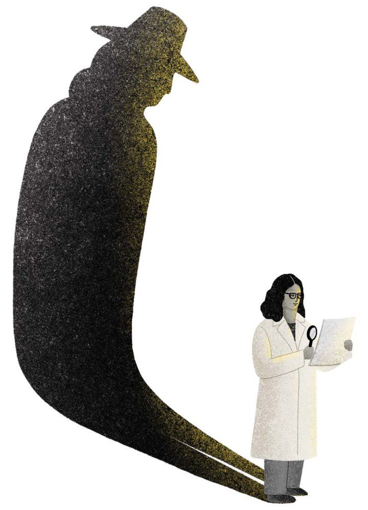 Illustration of a female doctor in a white coat holding a magnifying glass, studying a paper. A long shadow looms behind her, but the shadow has the addition of a detective's hat.