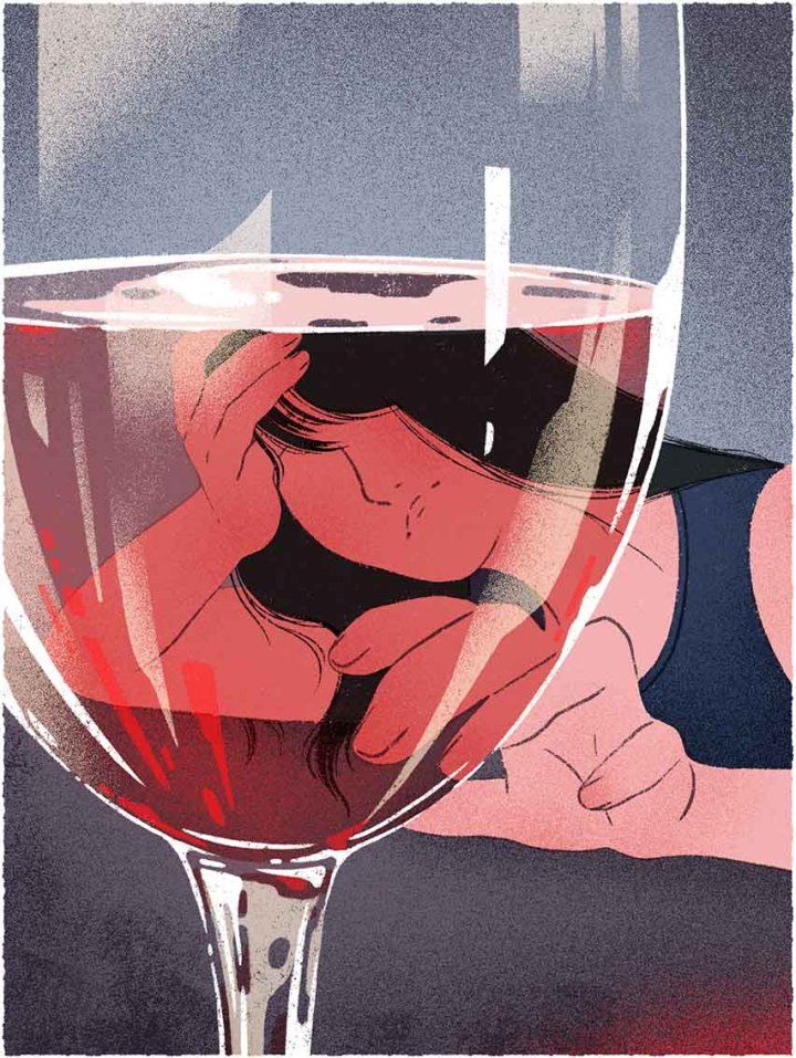 Illustration of a person with long dark hair resting their head on one hand and reaching forward with the other; they appear contemplative or tired behind a large glass of red wine.