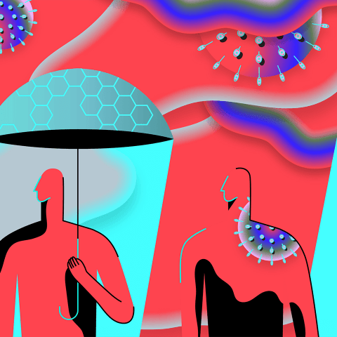 Illustration of two people in a row; one holds an umbrella and one does not; COVID symbols rain down from clouds, hitting the person not holding an umbrella.