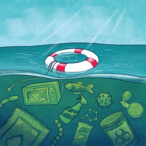 Illustration of a life preserver floating on the surface of calm waters; below the surface the water is murky and filled with “toxic” items like a microwave, perfume bottle, and house cleaner.