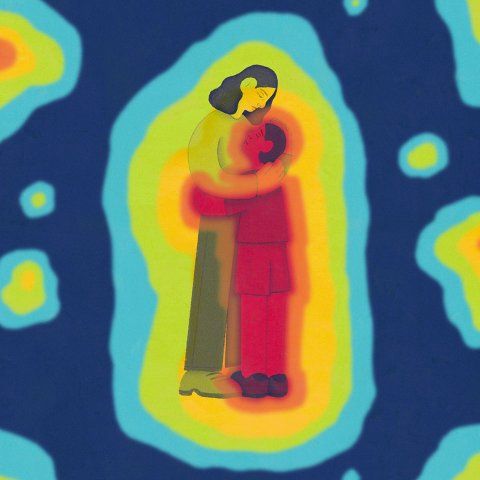 Illustration of a mother hugging a child in a colorful heat map.