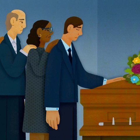 Illustration of a man with a sad expression at a funeral with his hand on a coffin with flowers; a group of people stand behind him with their hands on each other’s shoulders.
