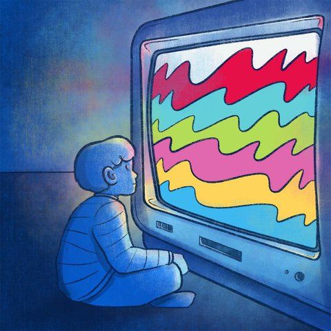 Illustration of a young child sitting directly in front of a TV with colorful screen waves.