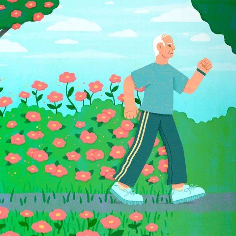 Illustration of an older person with white hair walking along a path surrounded by pink flowers and greenery under a blue sky.