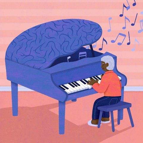 Illustration of an older woman playing a brain-shaped piano.