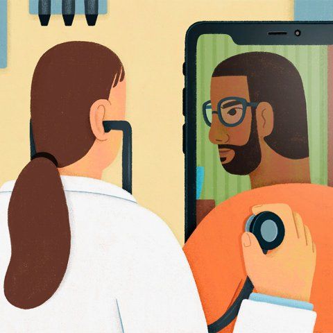 Illustration of a doctor in an office reaching through a phone screen and holding a stethoscope on the back of a patient in the phone.