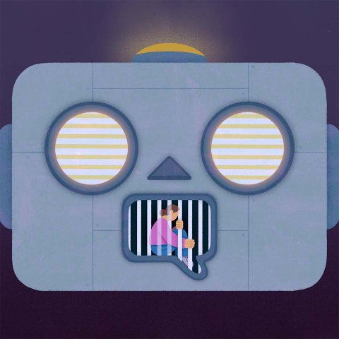 A robot with a mouth shaped like a speech bubble with cage bars and a person inside.