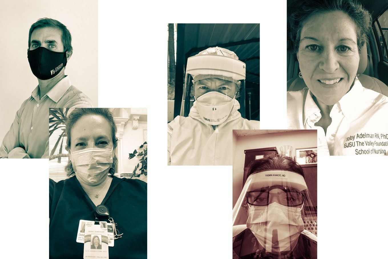 Portraits of five UCSF Alumni in face masks and shields.