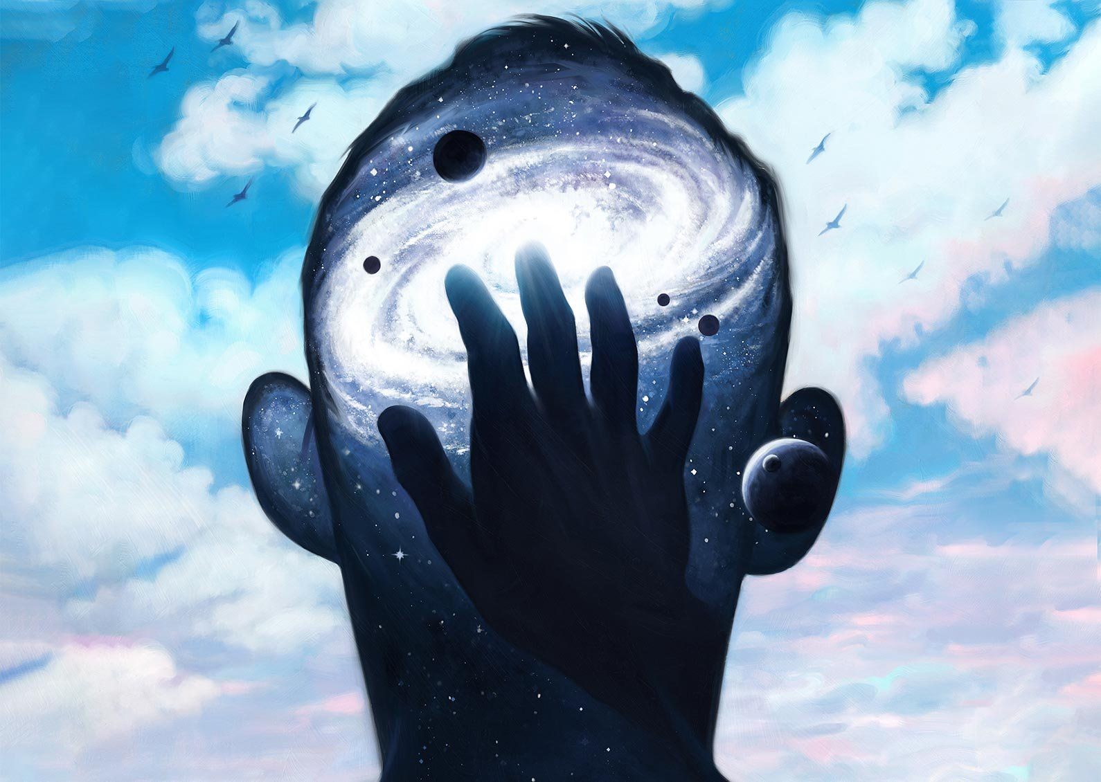 Illustration of the silhouette of a person’s head; behind the person is a beautiful blue sky with fluffy clouds; inside the head is a swirling galaxy, with a hand reaching in. 