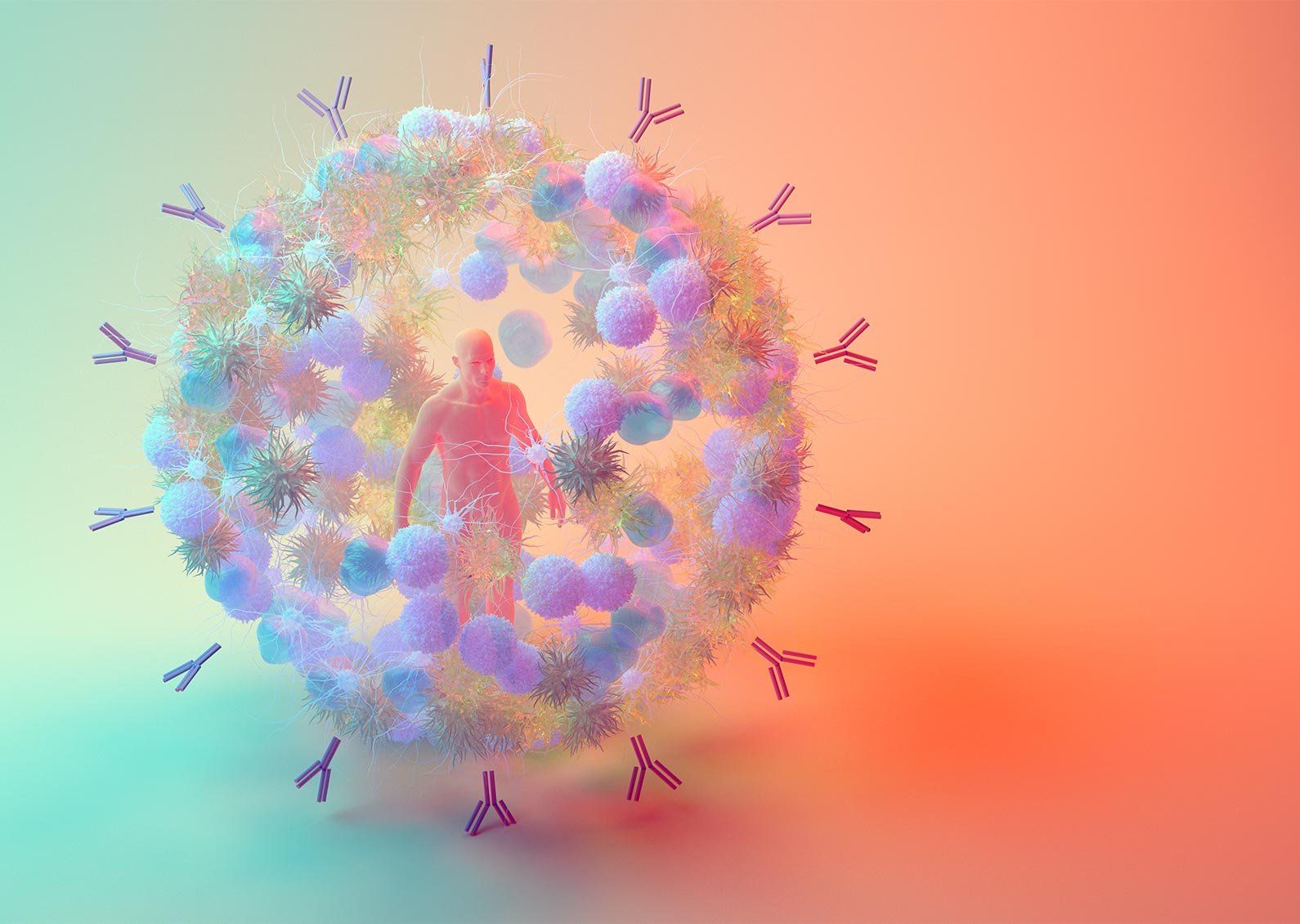 3-D illustration of a man surrounded by a sphere of immune cells and antibodies, resembling a coronavirus.