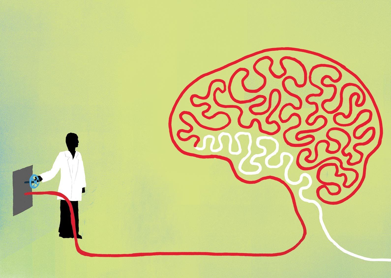 Illustration of a scientist "plugging in" a brain.