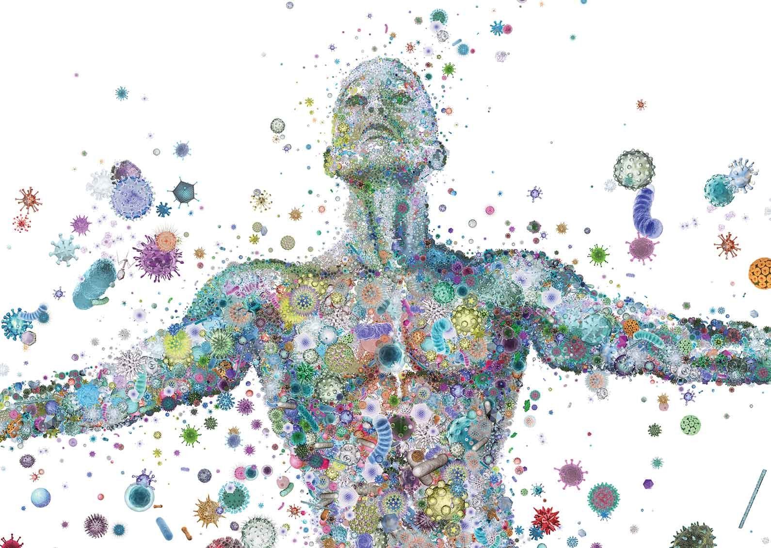 Illustration of a human made out of microbiome bacterial cells with bacteria floating all around them.