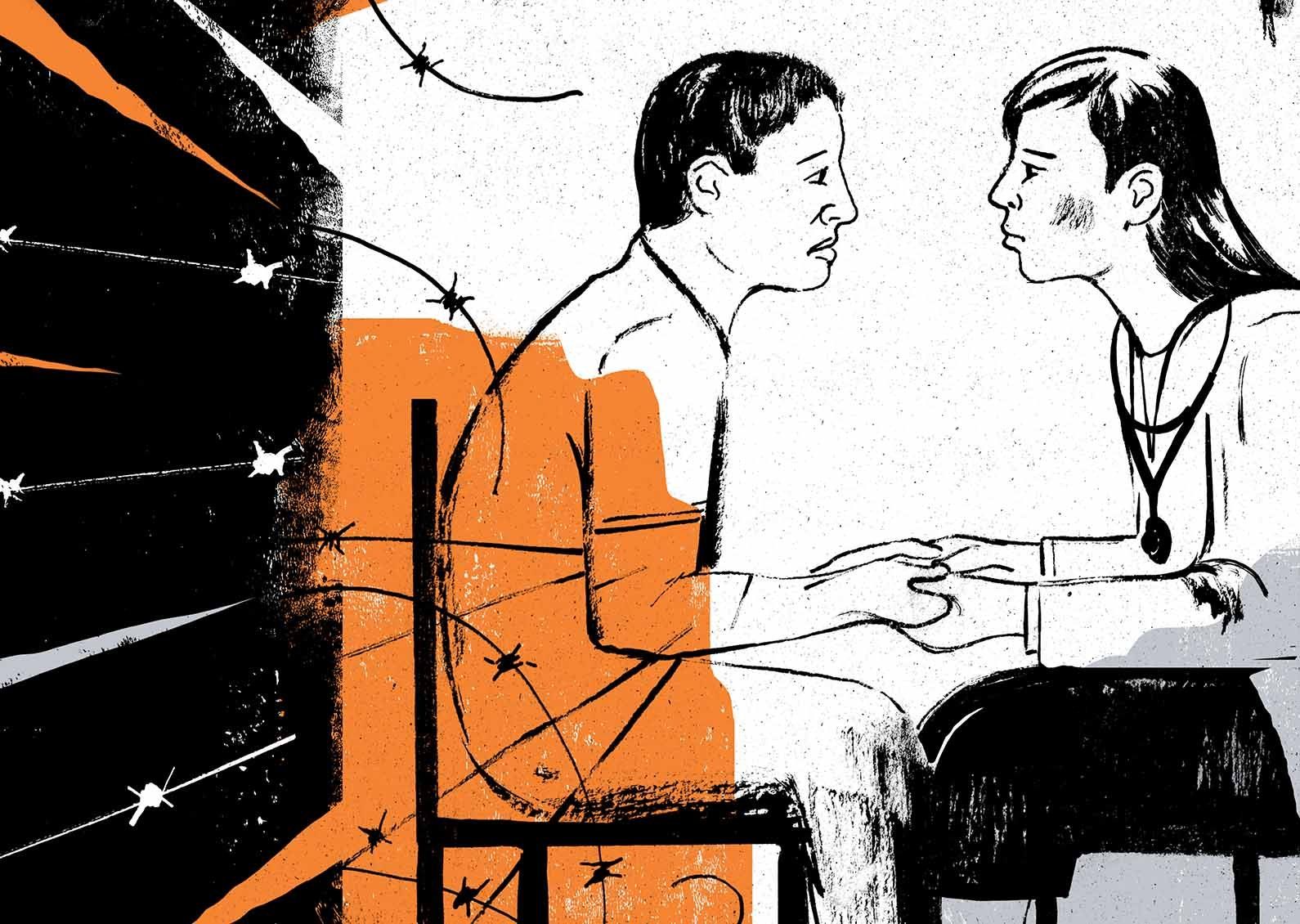 Illustration of a female physician holding a man’s hands. The man has scars on his arms and barbed wire comes from behind his chair.