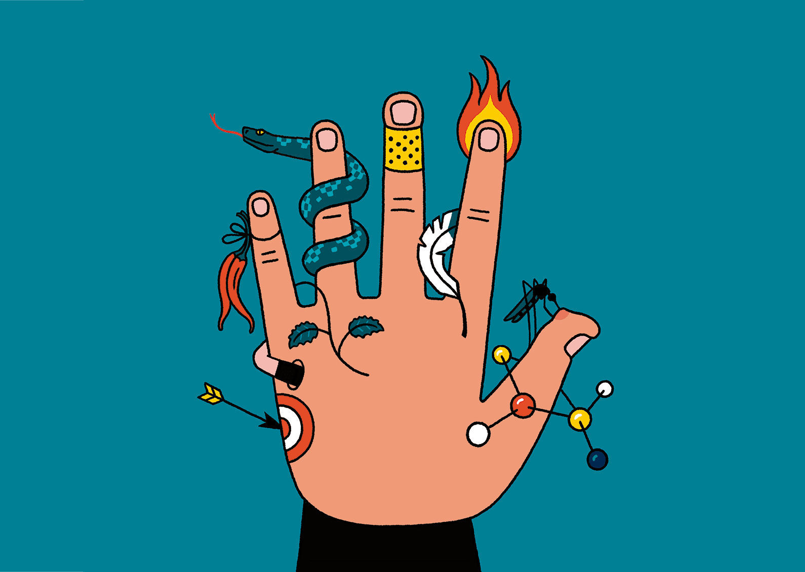Illustration of the back of a hand with various stimuli, including a fire, mosquito, a feather, a snake, chili peppers, and a bandaid.