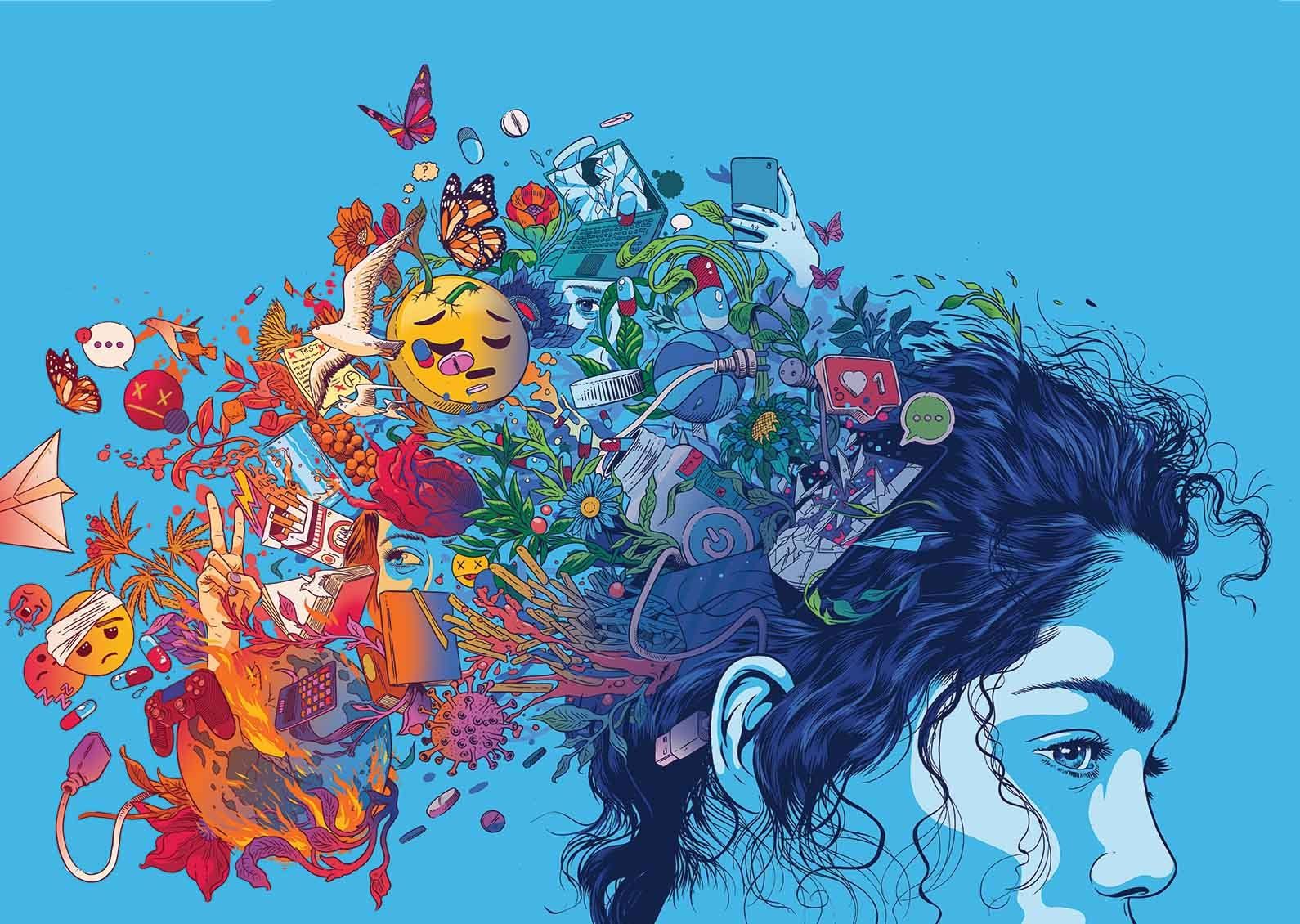 Illustration of a teenager with images of cell phones, social media like icons, pills, basketball, leaves, cigarettes, sad face emojis, earth burning, a heart, a virus, books, butterflies, and flowers flowing out of their head.