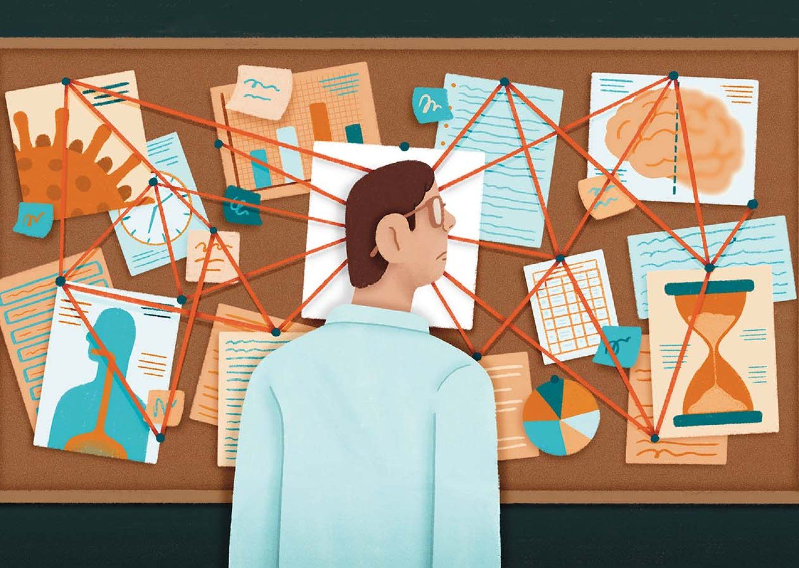 Illustration of a man looking at a cork board with papers of text, images, charts, and graphs with red string connecting them.