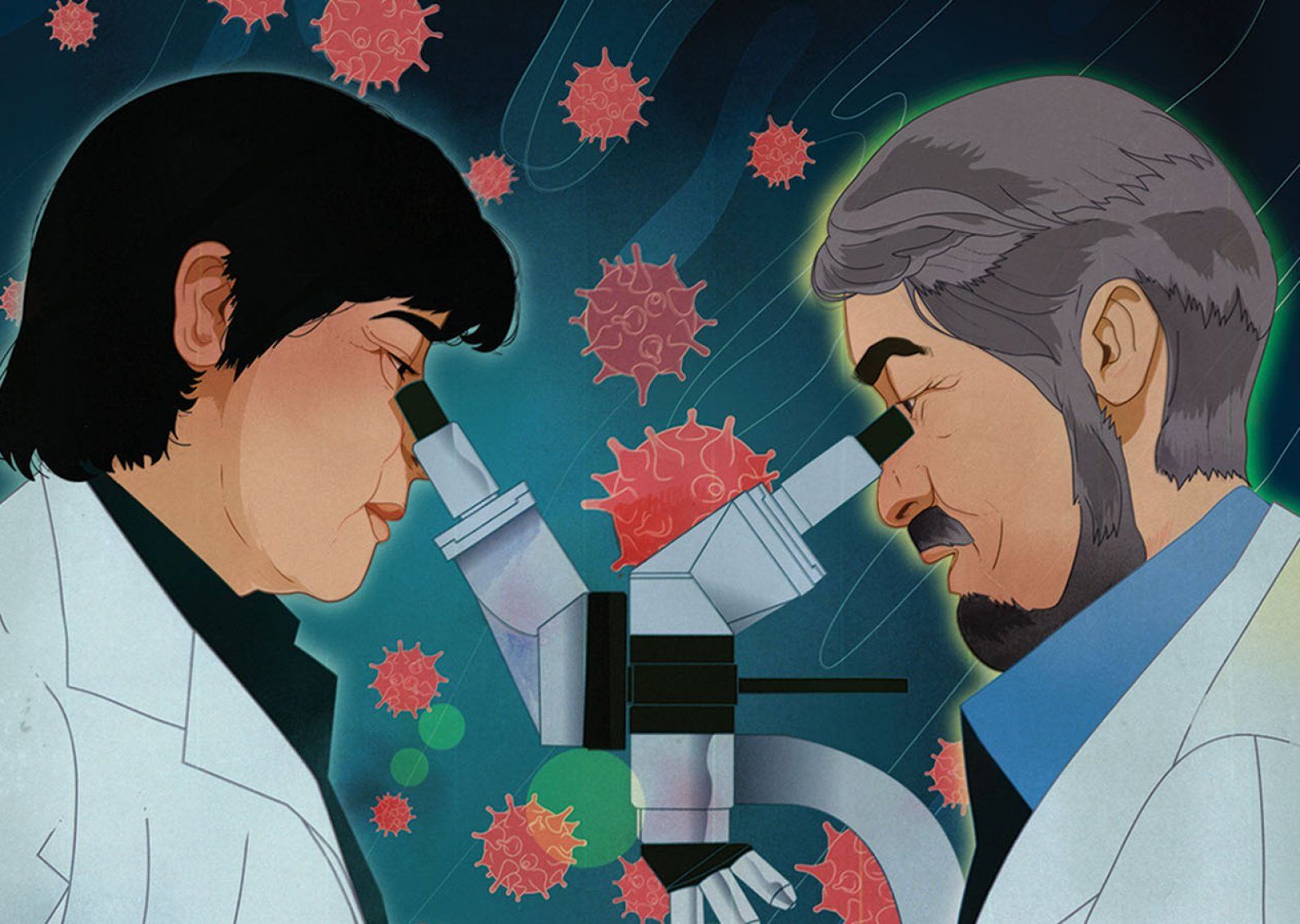 Illustration of two scientists studying viruses under a microscope.