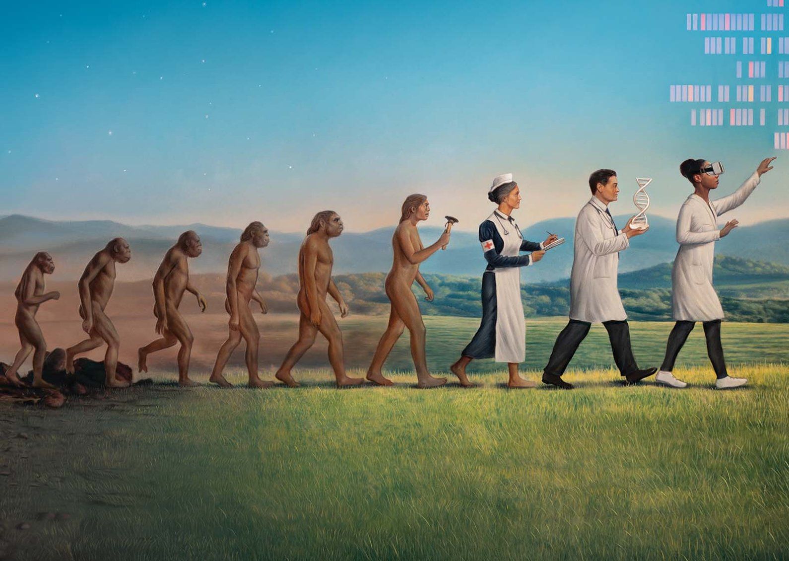 Painting depicts the evolution of man from ape to human, with several side profile figures walking in a line in front of a blue sky and grassy day landscape. The figures are apes, hominids, a Neanderthal, and humans. The first human is nude and holds a primitive tool; the following human is a female, early 20th-century nurse; the next is a man in a white doctor's coat, holding a model of a DNA double-helix; the final human is a woman wearing modern clothes and a virtual reality headset.