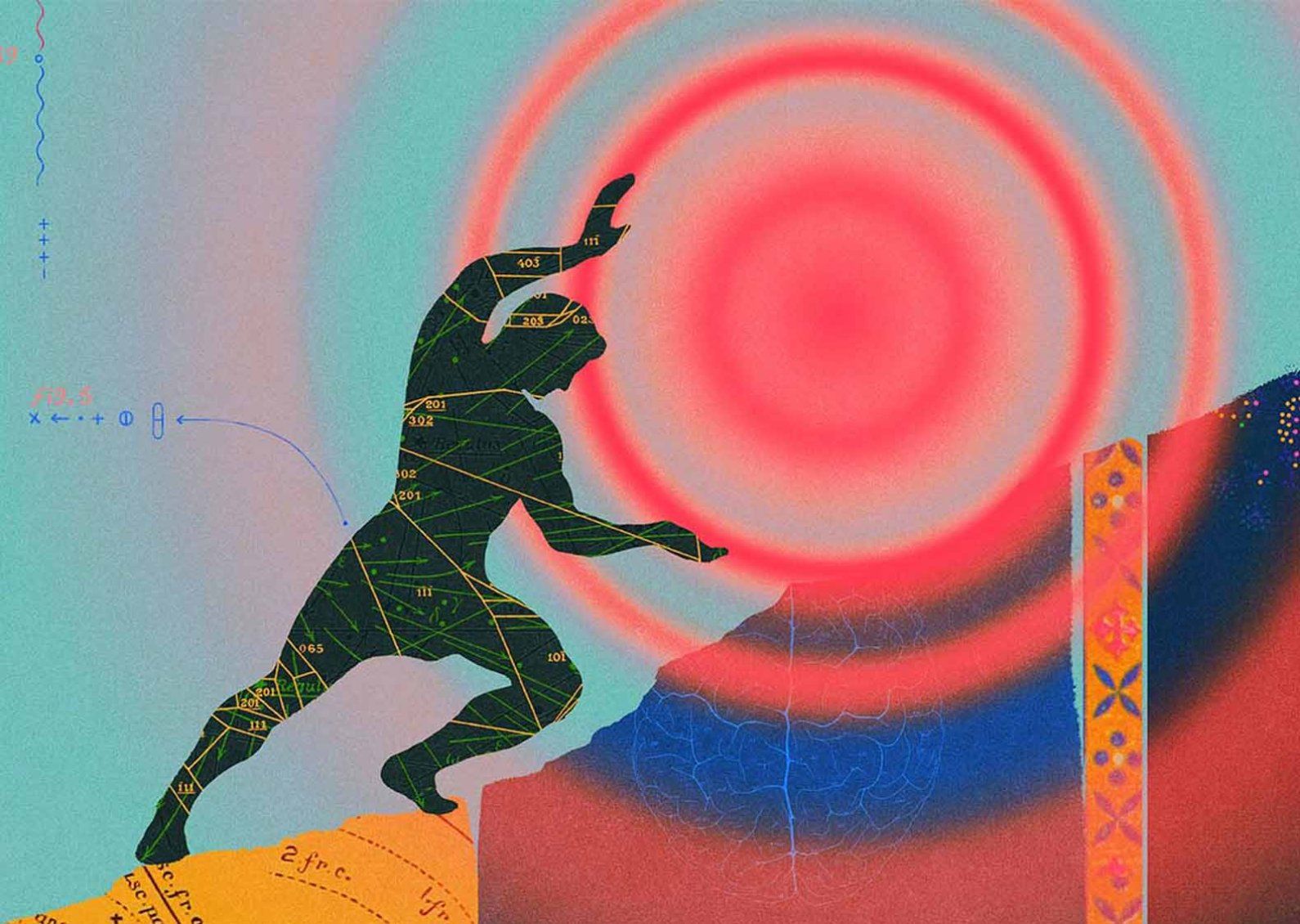 Collage-style illustration of the silhouette of a man pushing a pulsating red dot up a mountain. Collaged diagrams of brains make up the mountain.
