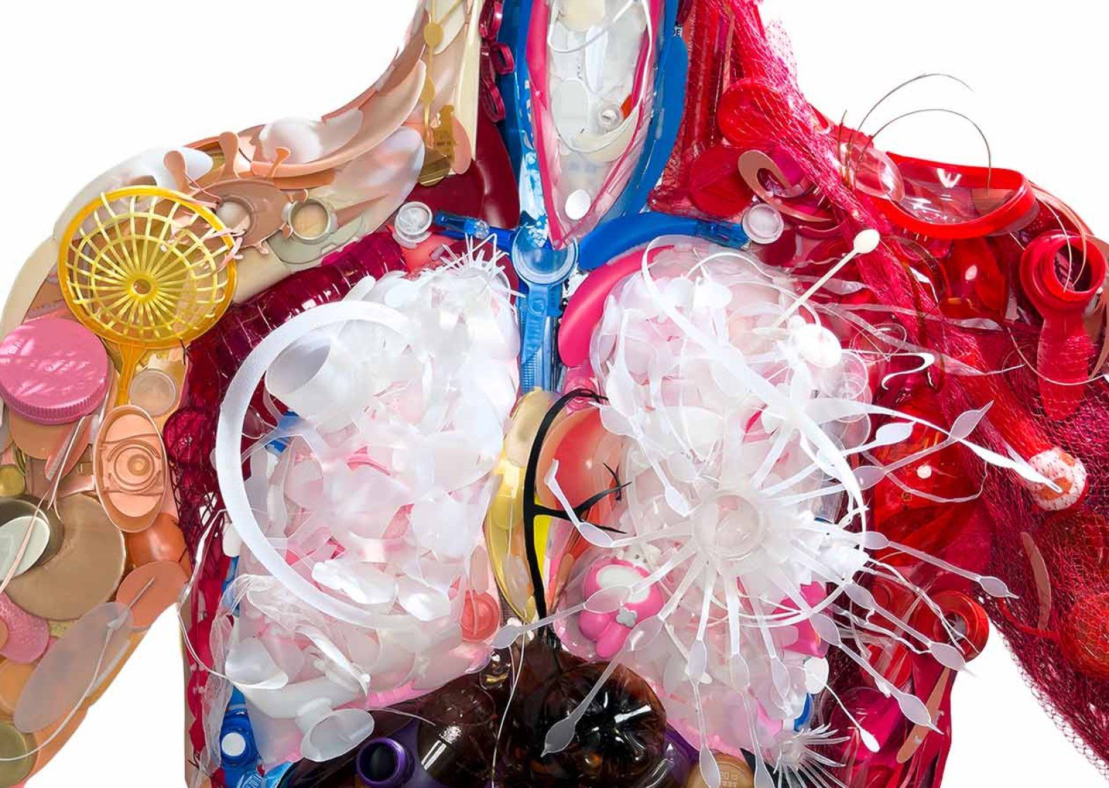 Sculpture of the anatomical insides of a human body, made entirely out of pieces of colorful plastic.