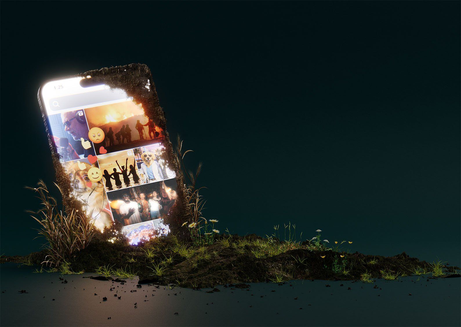 A large smartphone, partially buried in soil, is set against a dark background, with a brightly lit screen showing multiple images: people celebrating and dancing, dog memes and photos, a wildfire, and a podcaster, along with thumbs-up, heart, smiley face, and angry face emojis.