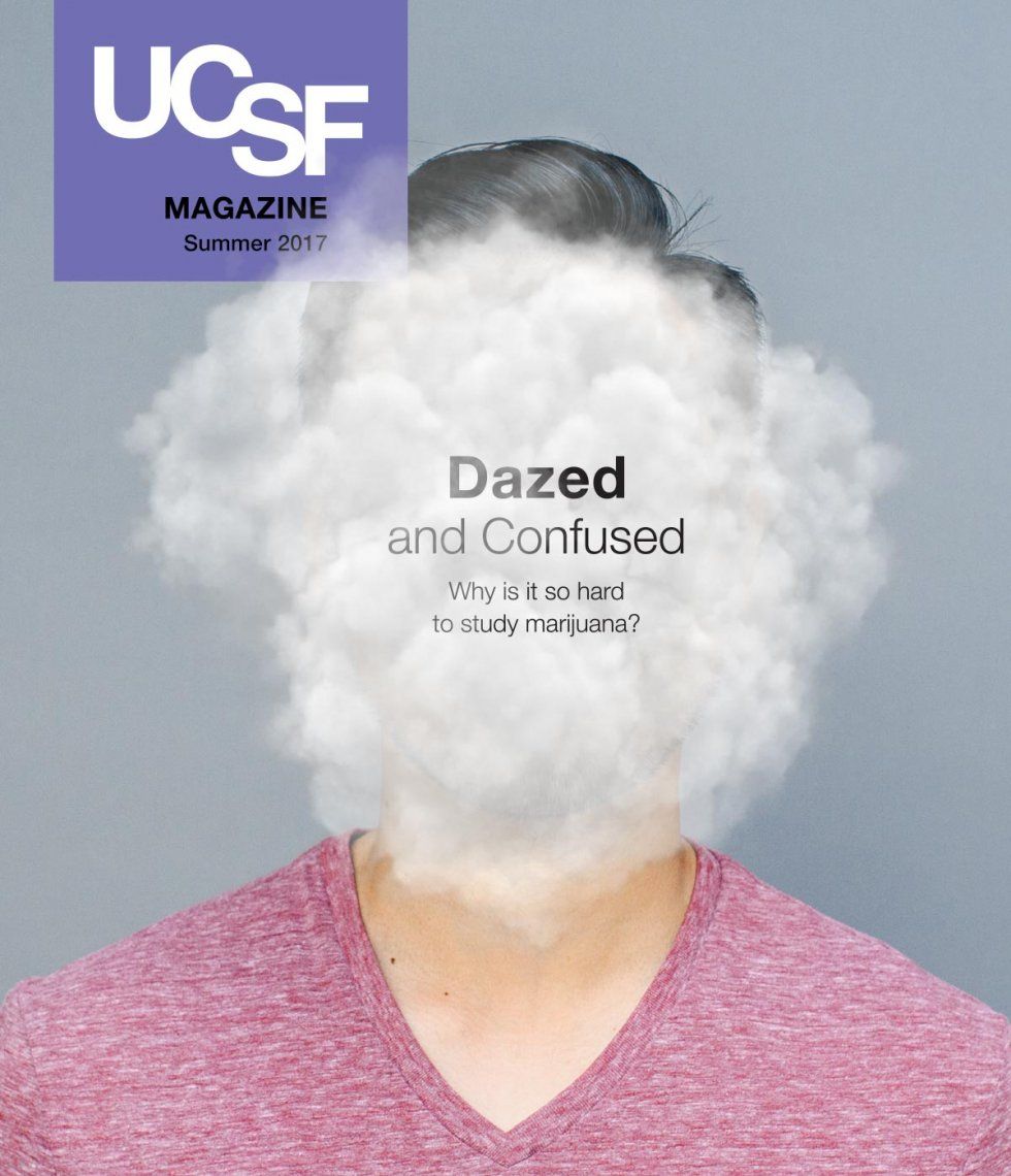 Cover of UCSF Magazine: left corner reads “UCSF Magazine, Summer 2017”. Photo of a man whose face is completely obstructed by a smoke cloud; in the smoke cloud it reads: “Dazed and Confused. Why is it so hard to study marijuana?”