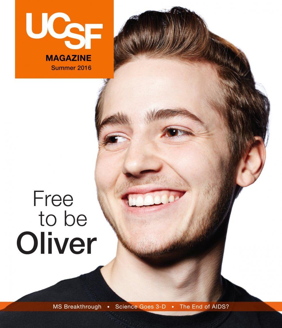 Cover of UCSF Magazine: left corner reads “UCSF Magazine, Summer 2016”. Photo of a teenage boy, smiling. Text next to photo reads: “Free to be Oliver”. Text below photo reads: “MS Breakthrough; Science Goes 3-D; The End of AIDS?”