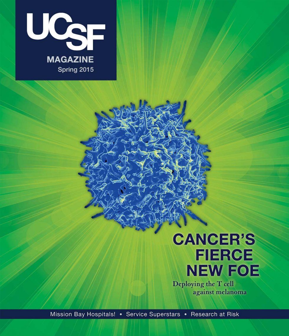 Cover of UCSF Magazine: left corner reads “UCSF Magazine, Spring 2015”. Microscopic image of a T cell. Text next to photo reads: “Cancer's Fierce New Foe: Deploying the T cell against melanoma”. Text below photo reads: “Mission Bay Hospitals!; Service Superstars; Research at Risk”