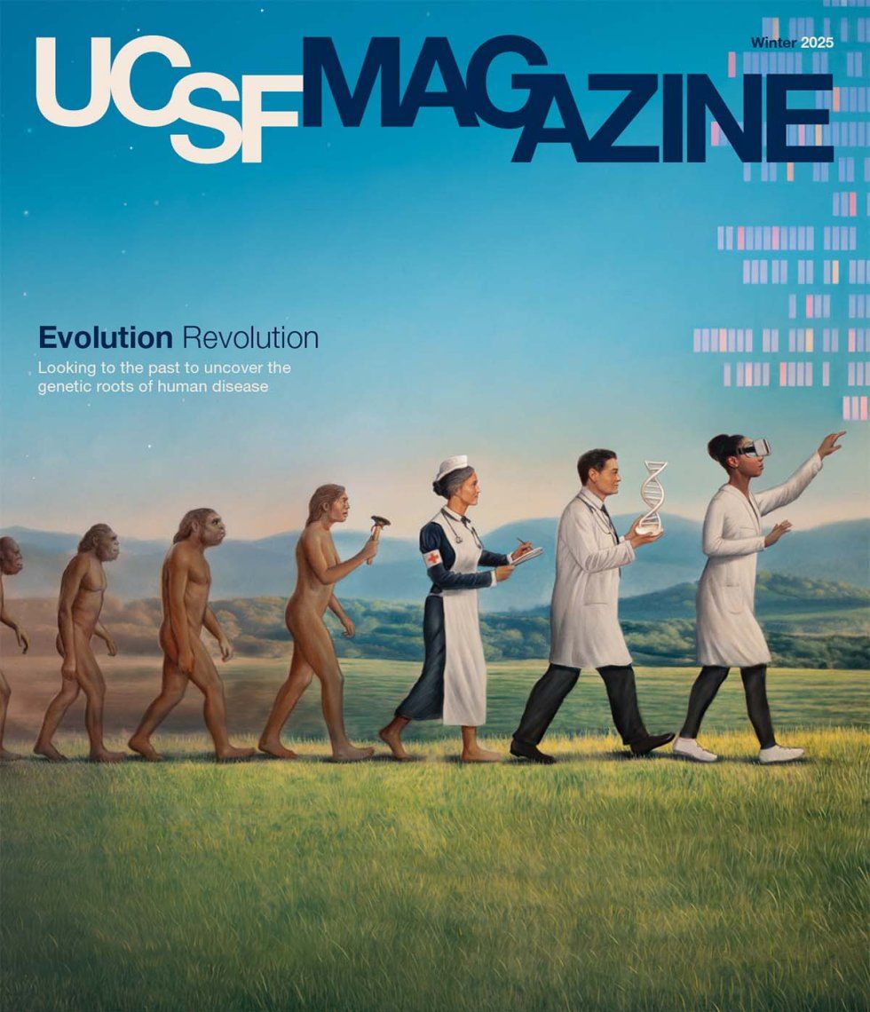 Cover of UCSF Magazine: top reads “UCSF Magazine, Winter 2025”. Text below reads: "Evolution Revolution: Looking to the past to uncover the genetic roots of human disease." Painting depicts the evolution of man from ape to human, with figures from ape to man walking in a line. The first human is nude and holds a primitive tool; the next human is a female, early 20th-century nurse; next is a man in a doctor's coat, holding a model of a double-helix; next is a woman wears a virtual reality headset.